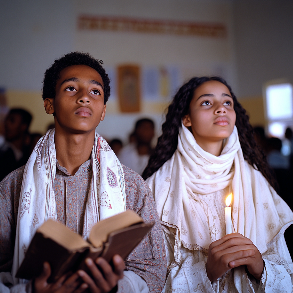 Ethiopian Orthodox Sunday School Students Praying Christian Church