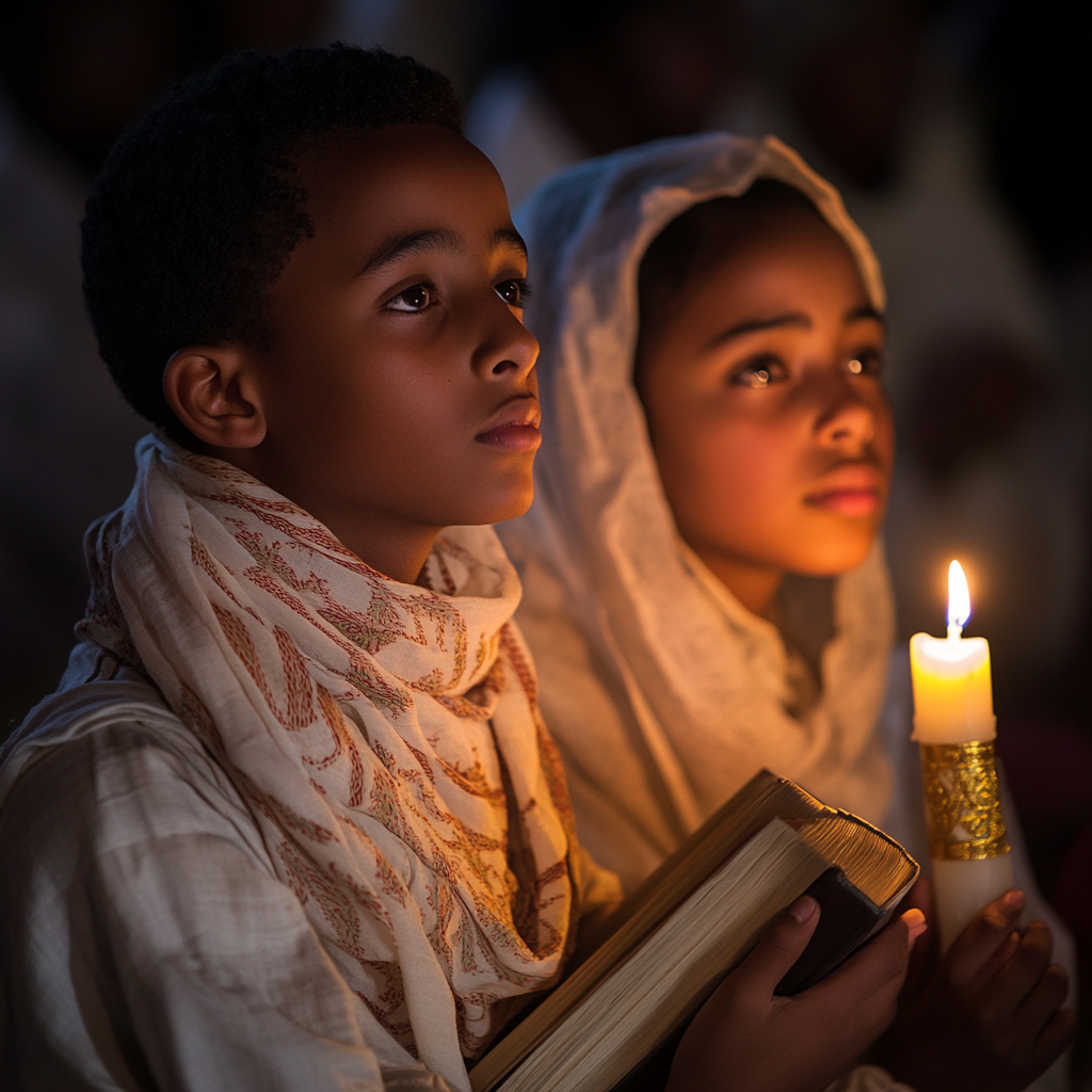 Ethiopian Orthodox Sunday School Students Praying Together Church