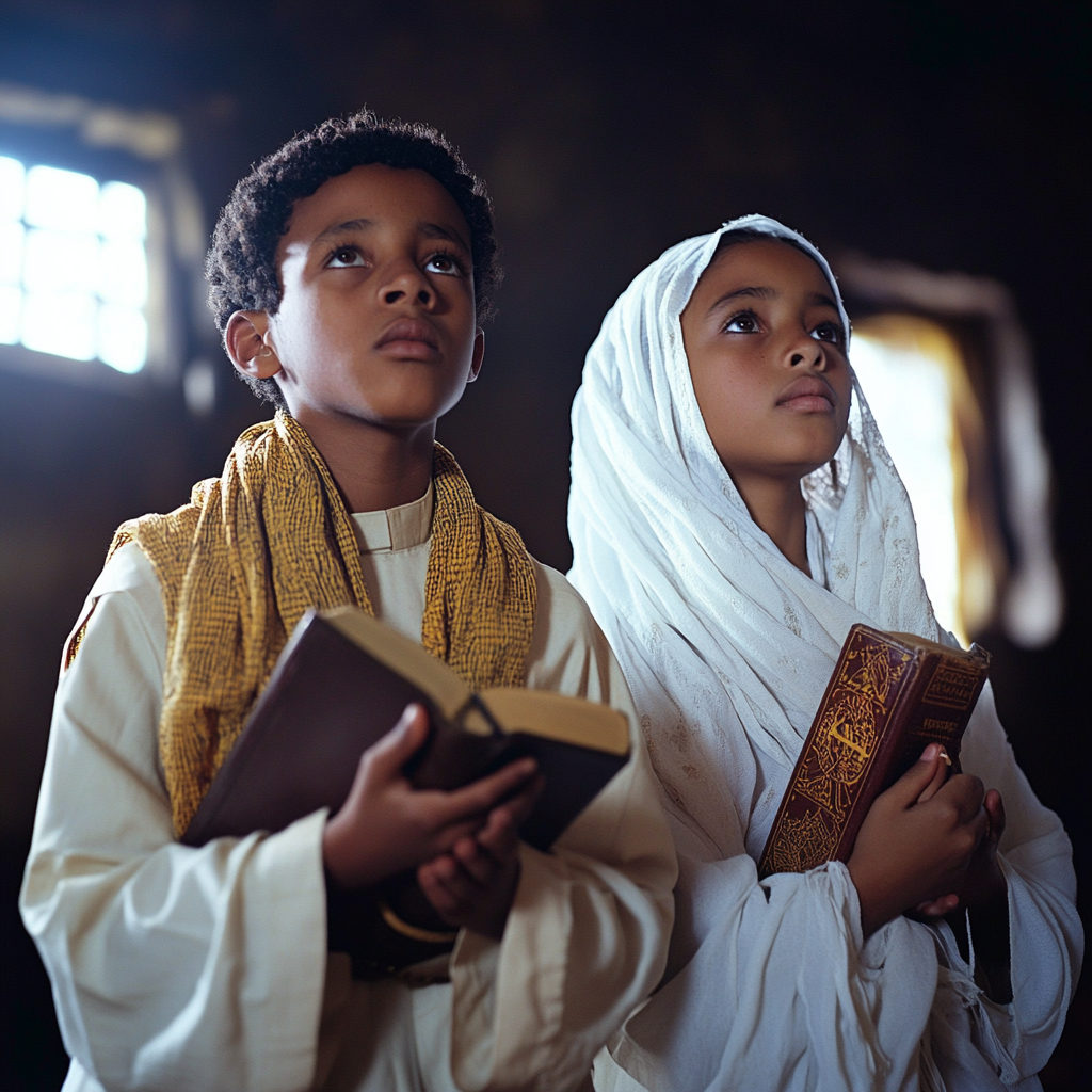 Ethiopian Sunday School Students Praying with Bible and Candle