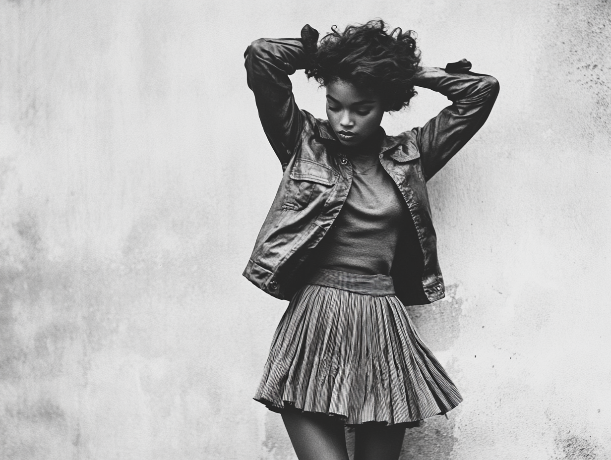 Ethiopian woman in bomber jacket adjusts hair gently.