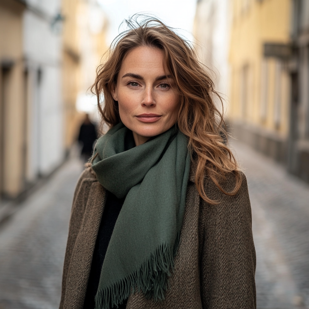 European Female Model in Seaweed Color Cashmere Scarf