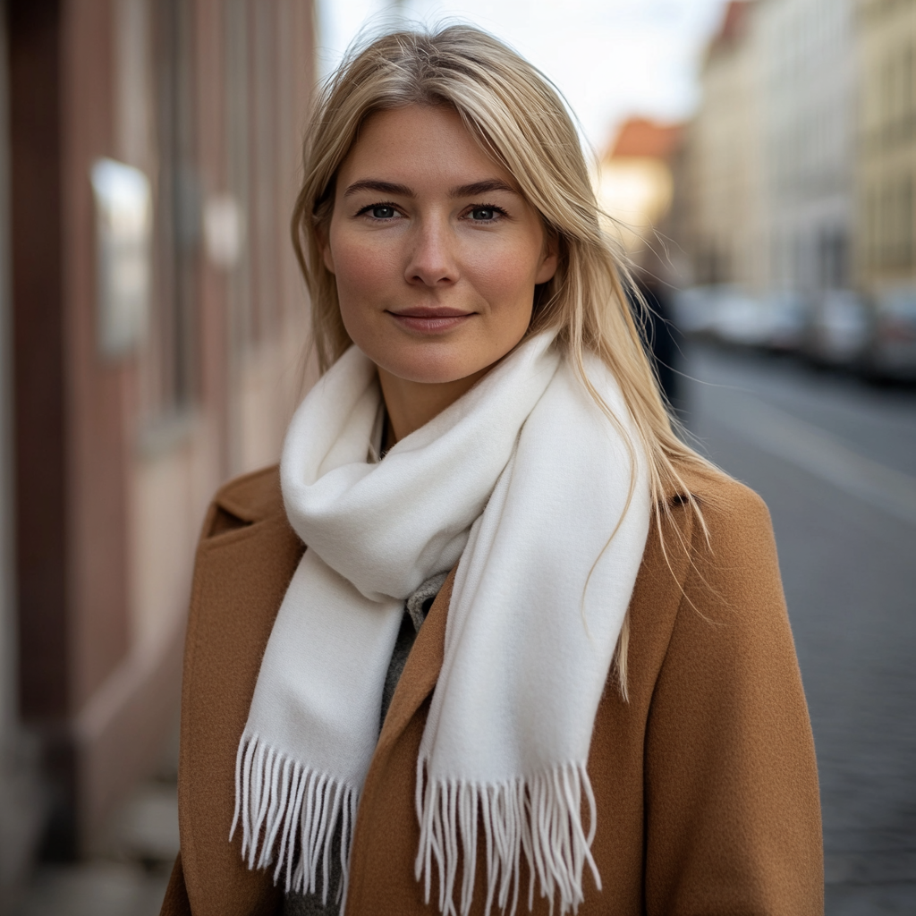 European Female Model in White Cashmere Scarf 