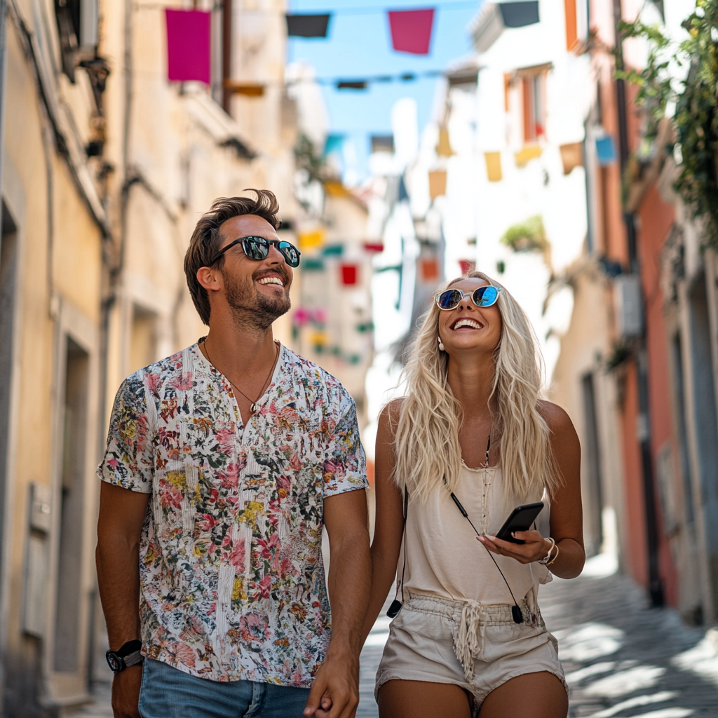 European Tourists Strolling Cobblestone Street 