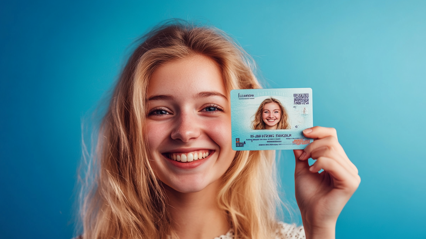 European driver's license held by smiling Dutch woman.