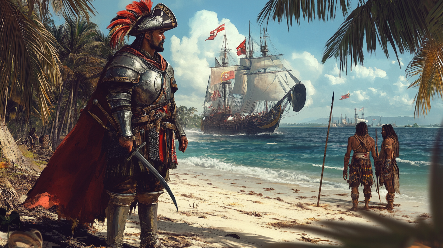 European explorer in armor with native warrior on beach.