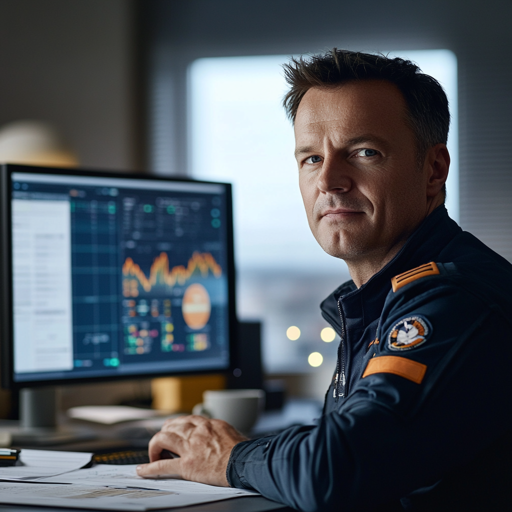 European man in pilot uniform enjoys virtual meeting.