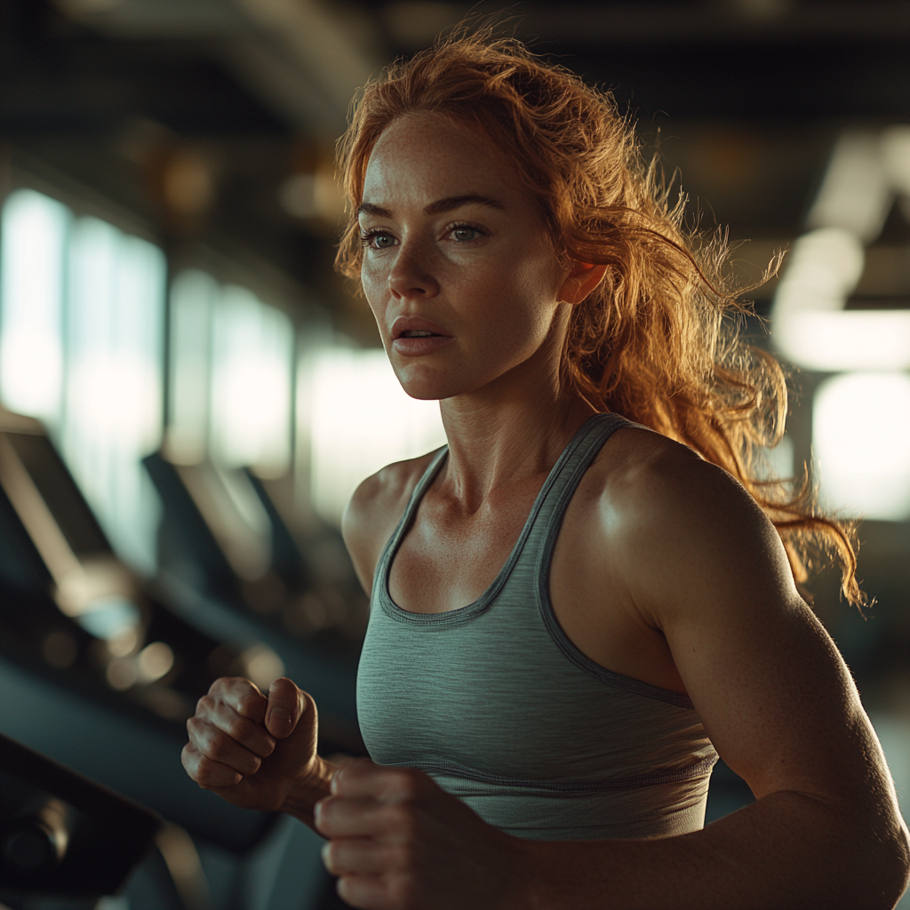 European woman in 30s, model-like, athletic, trendy clothes.