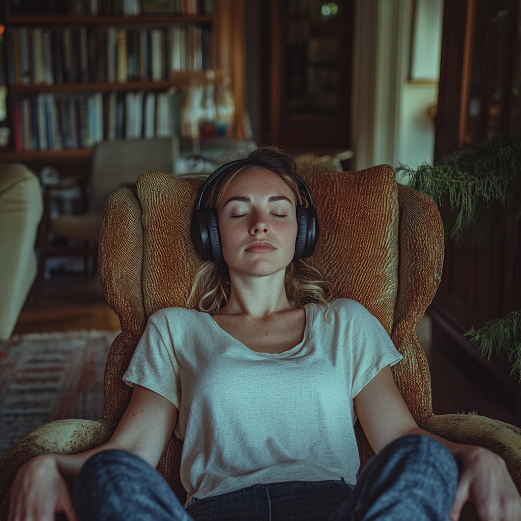 European woman listens to classical music with closed eyes.