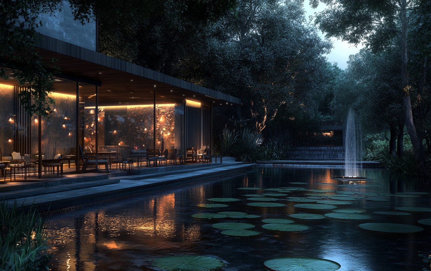 Evening luxury riverside hotel design inspired by lily pads.