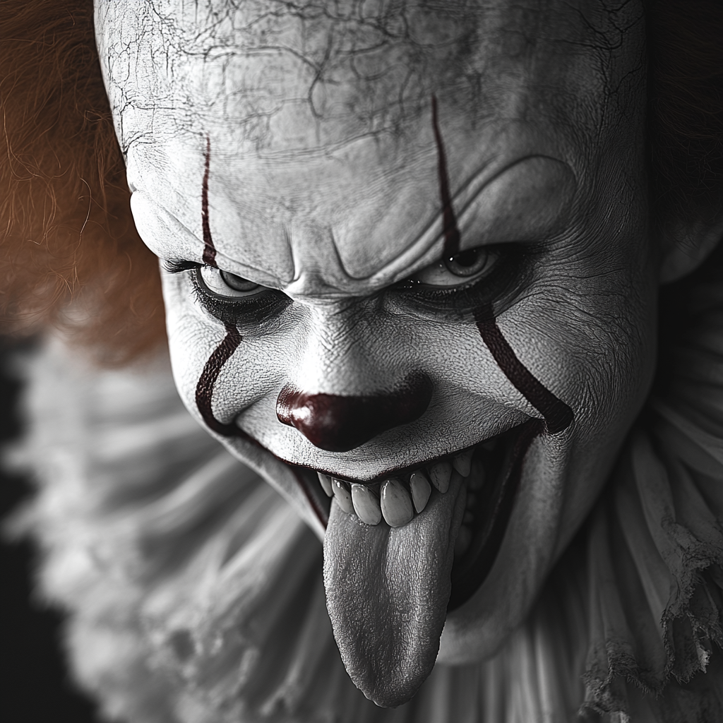 Evil Pennywise Clown with Sharp Teeth in Black and White