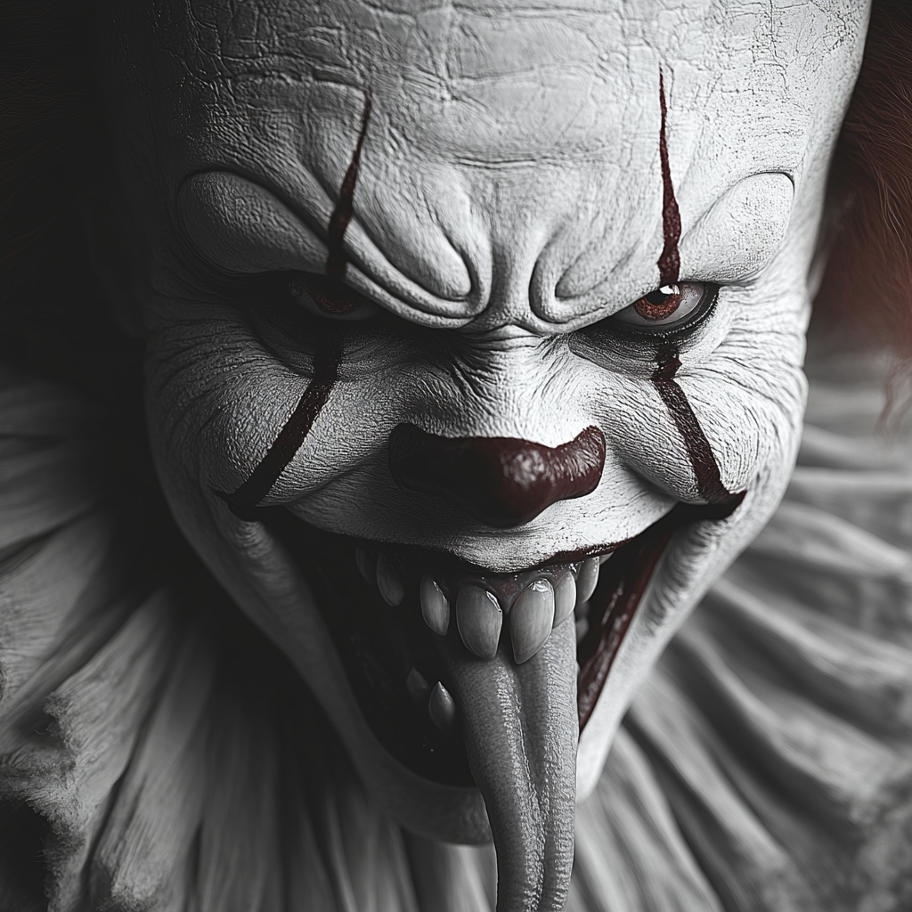 Evil Pennywise clown with long sharp teeth