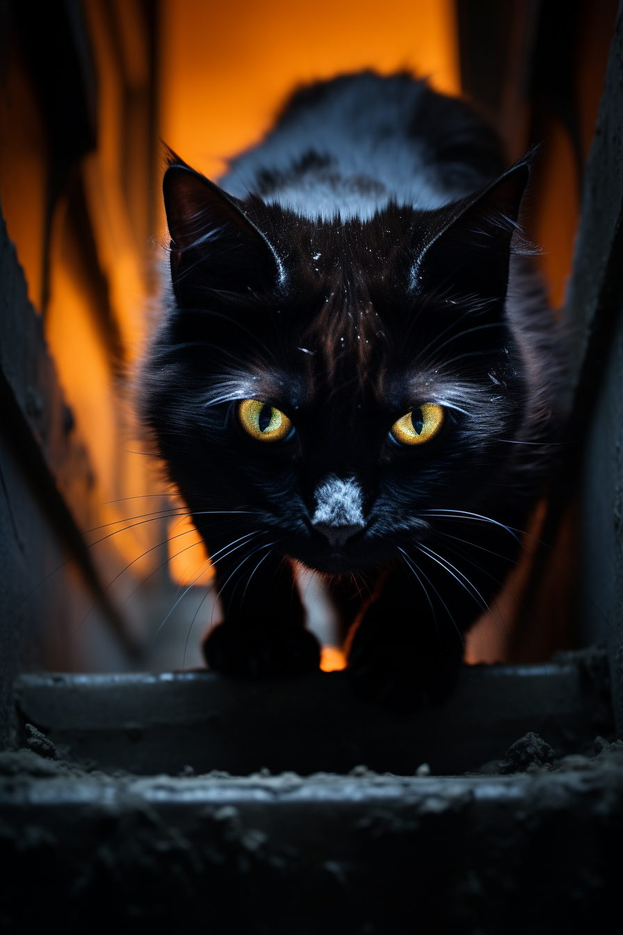 Evil black cat crawling down stairs, dramatic lighting.