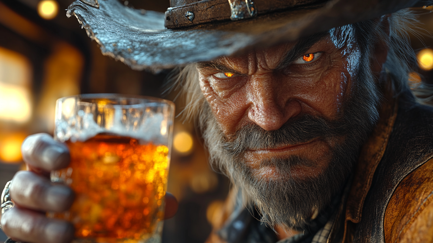 Evil cowboy enjoying drink, detailed, high quality image.