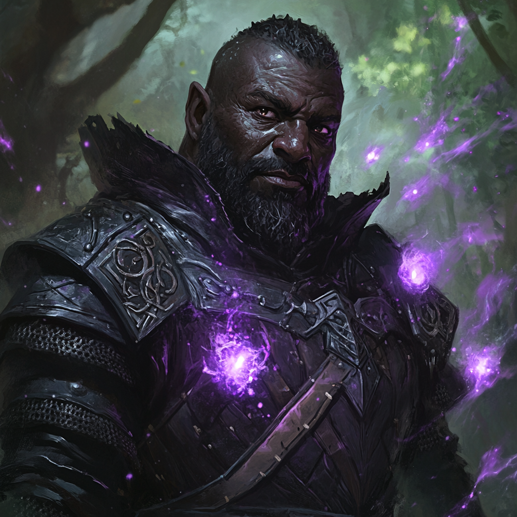 Evil dwarf man in dark armor in forest.