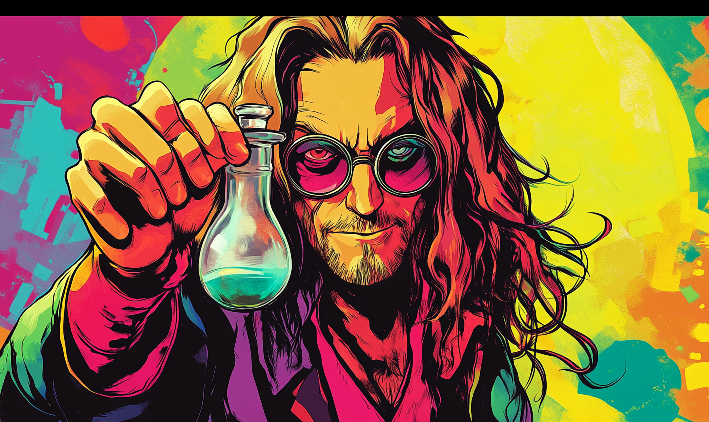 Evil mad scientist with long hair and round glasses.