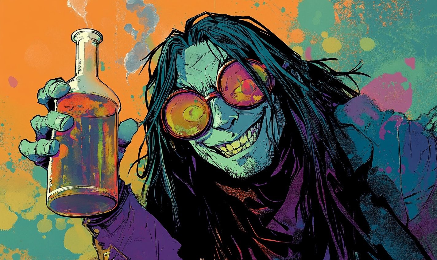 Evil scientist resembling Nikki Sixx doing colorful experiments.