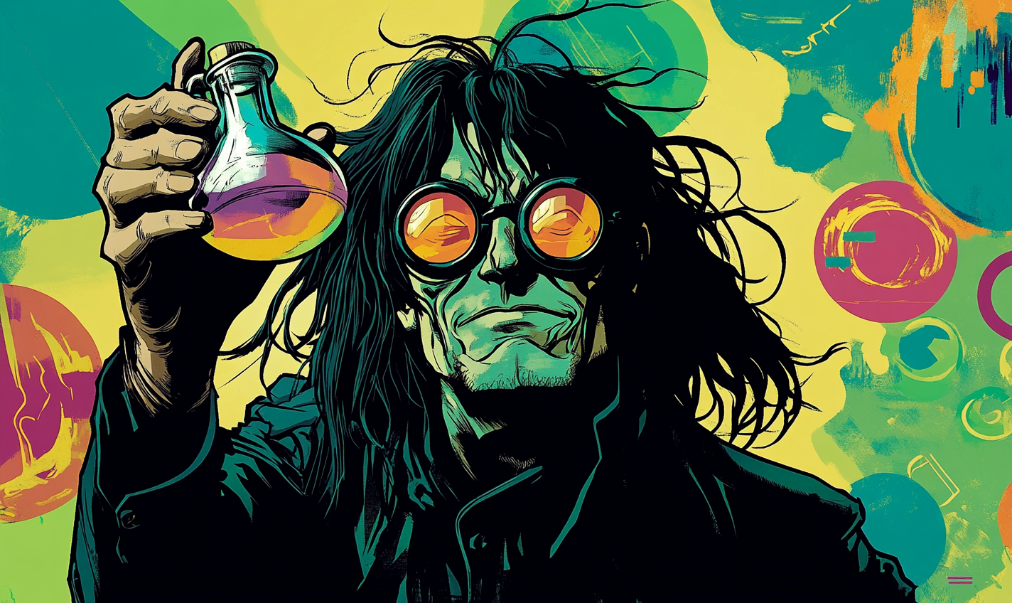 Evil scientist with long hair, round glasses in labrador.