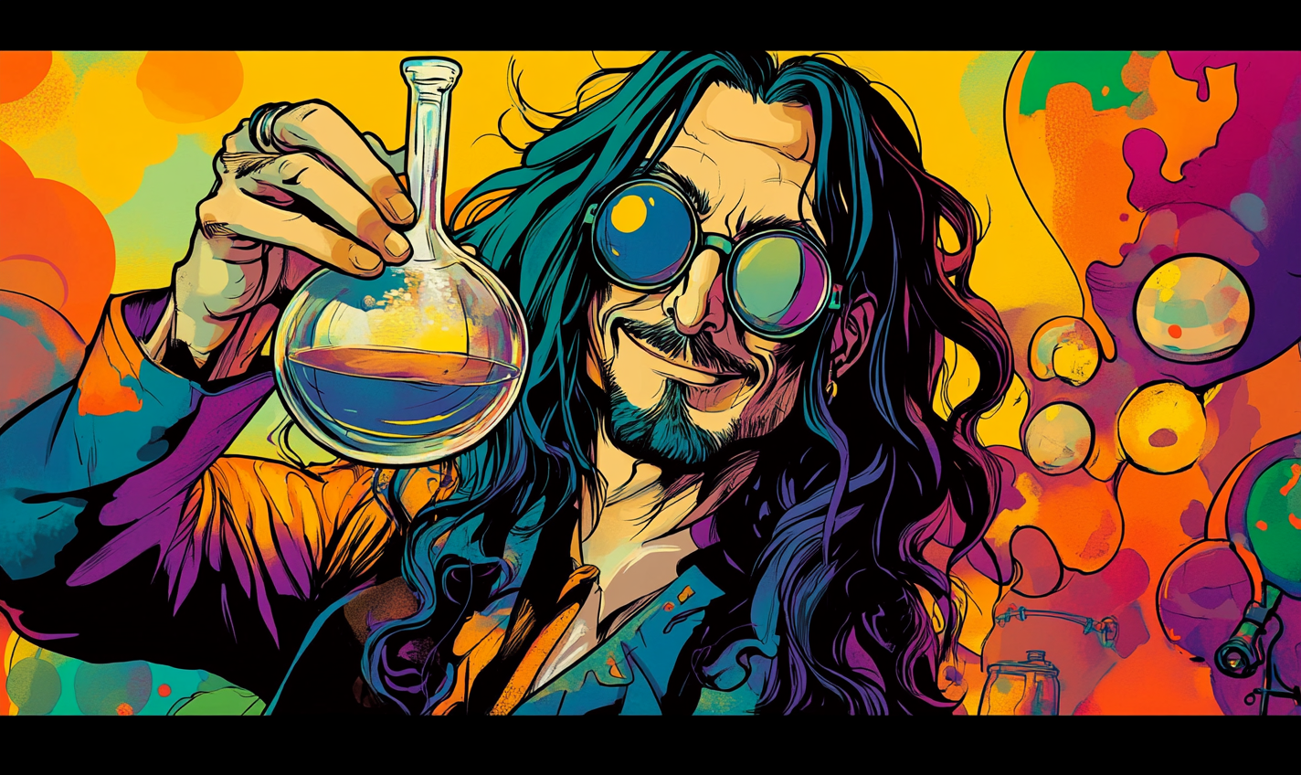 Evil scientist with long hair and round glasses.