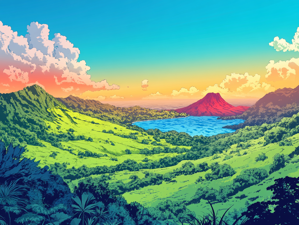 Evolution of Manga Style Landscape with Volcano