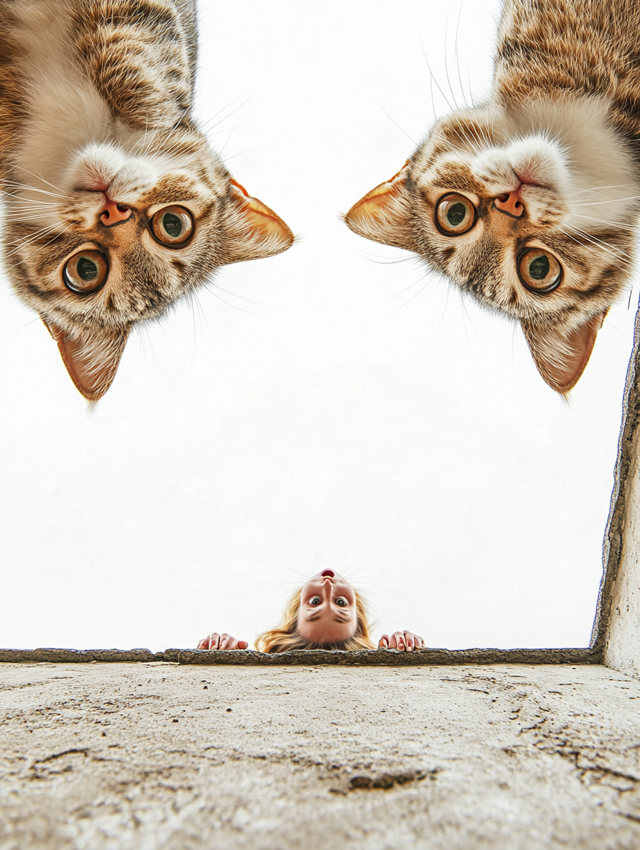 Exaggerated Cats Watch Human Fall from Roof 