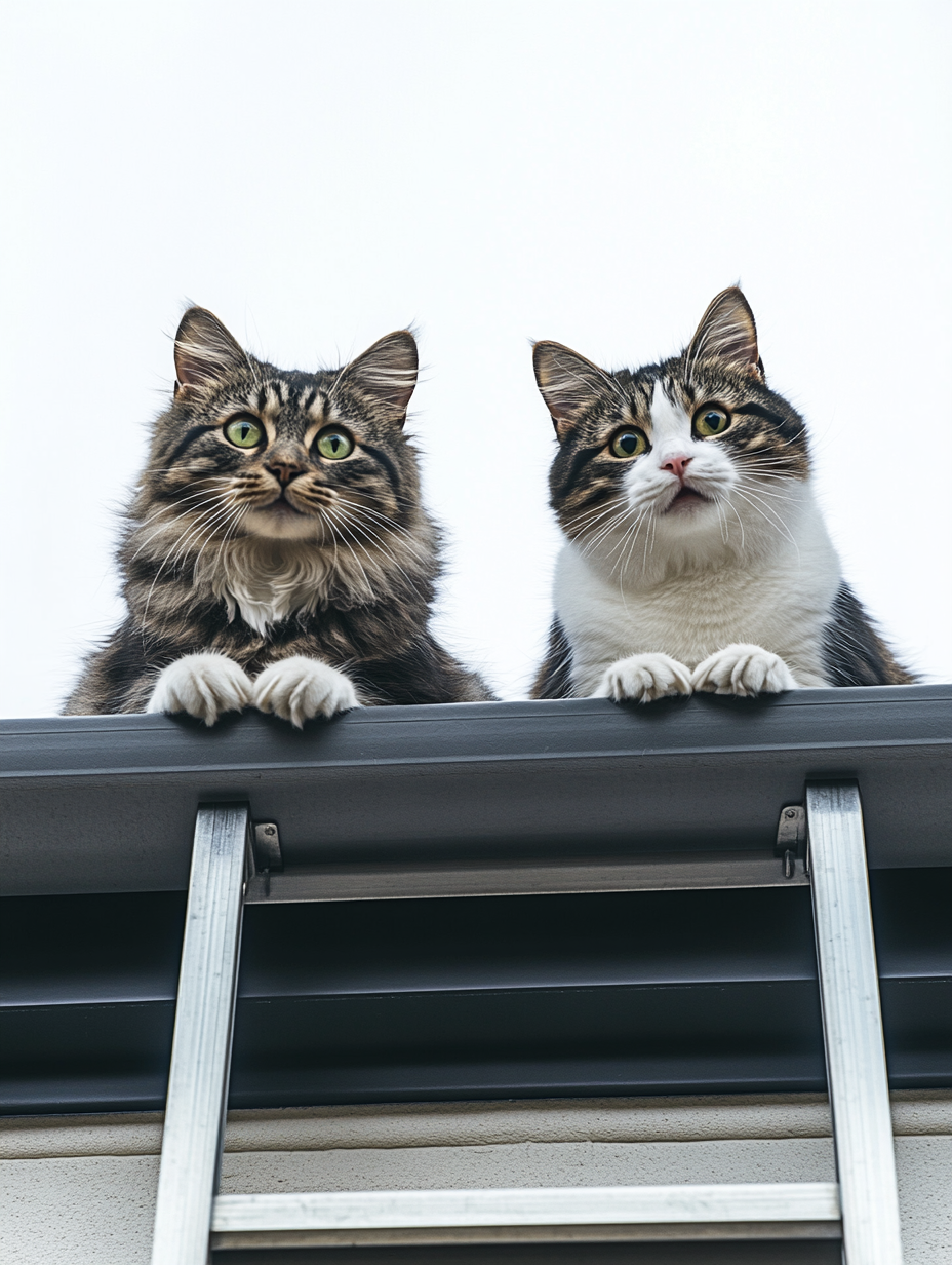 Exaggerated Comic Cats on House Roof - AR 3:4