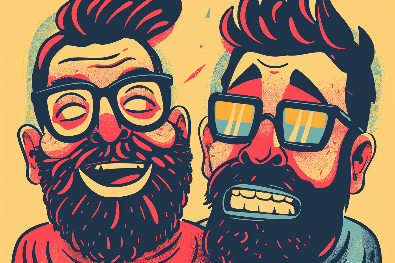 Exaggerated caricature of two men with big smiles.