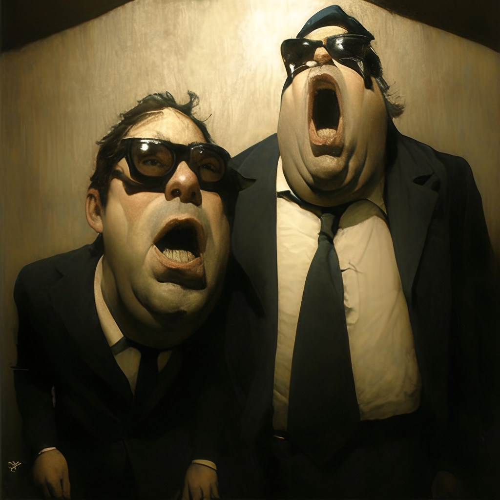 Exaggerated emotional caricature of the Blues Brothers in photo.