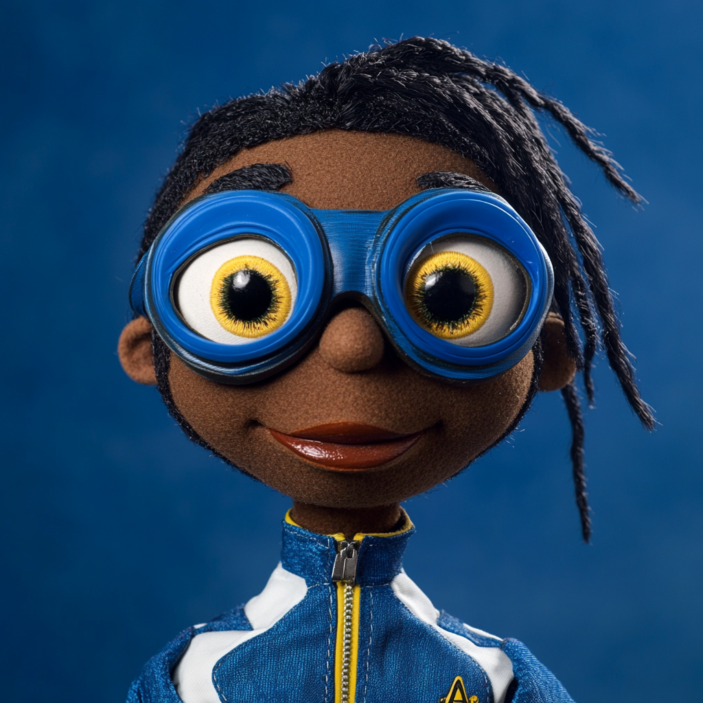 Exaggerated facial features on blue superhero puppet with big eyes.