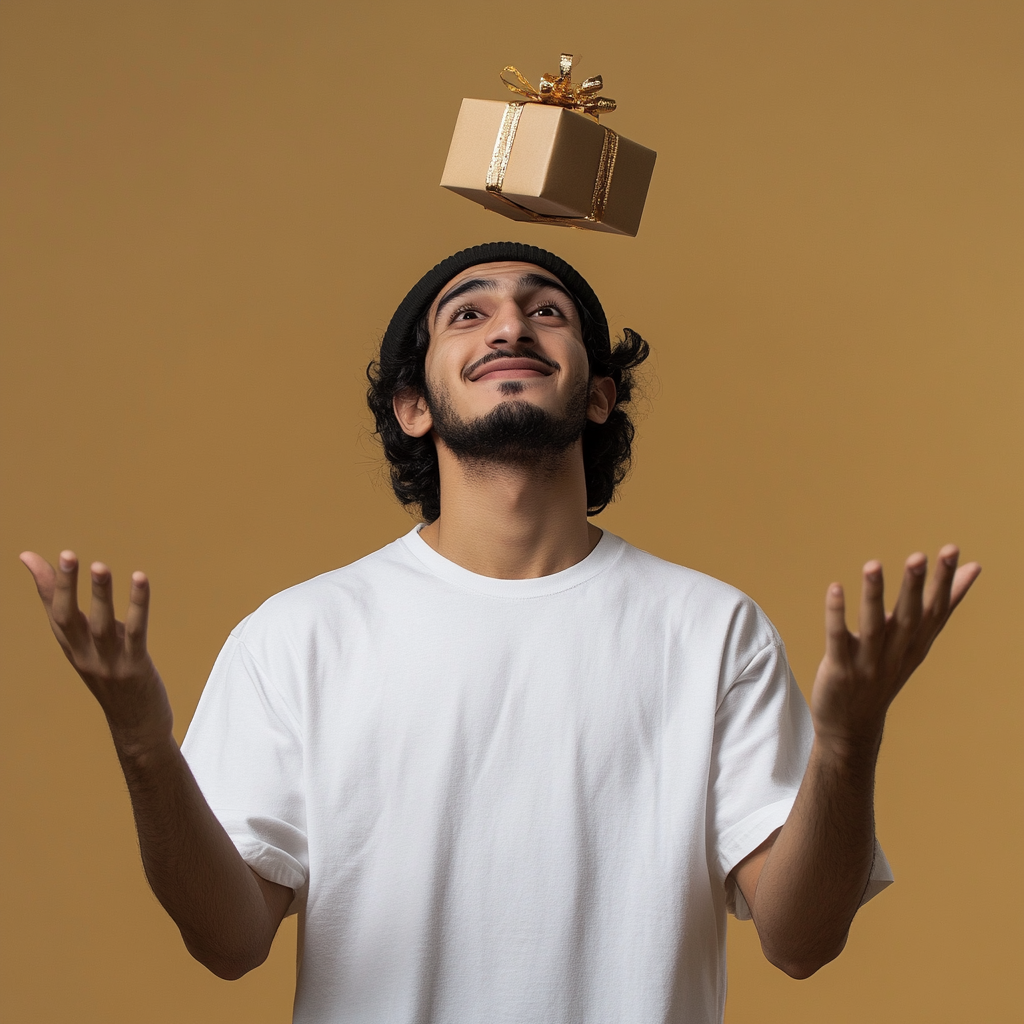 Excited Arab young man holding mystery gift happily.