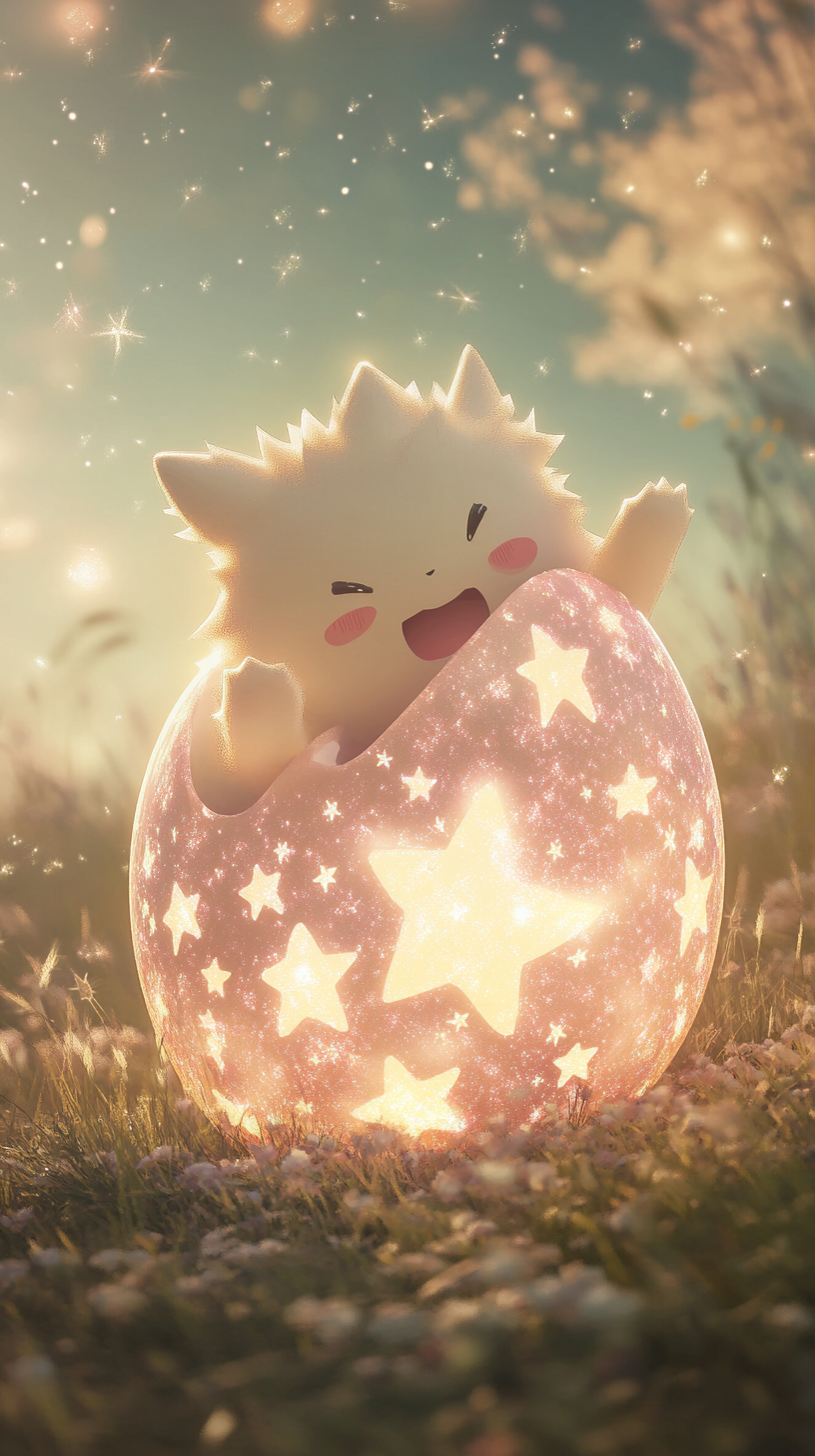 Excited Chibi Togepi from glowing star-patterned egg. Dreamy meadow.