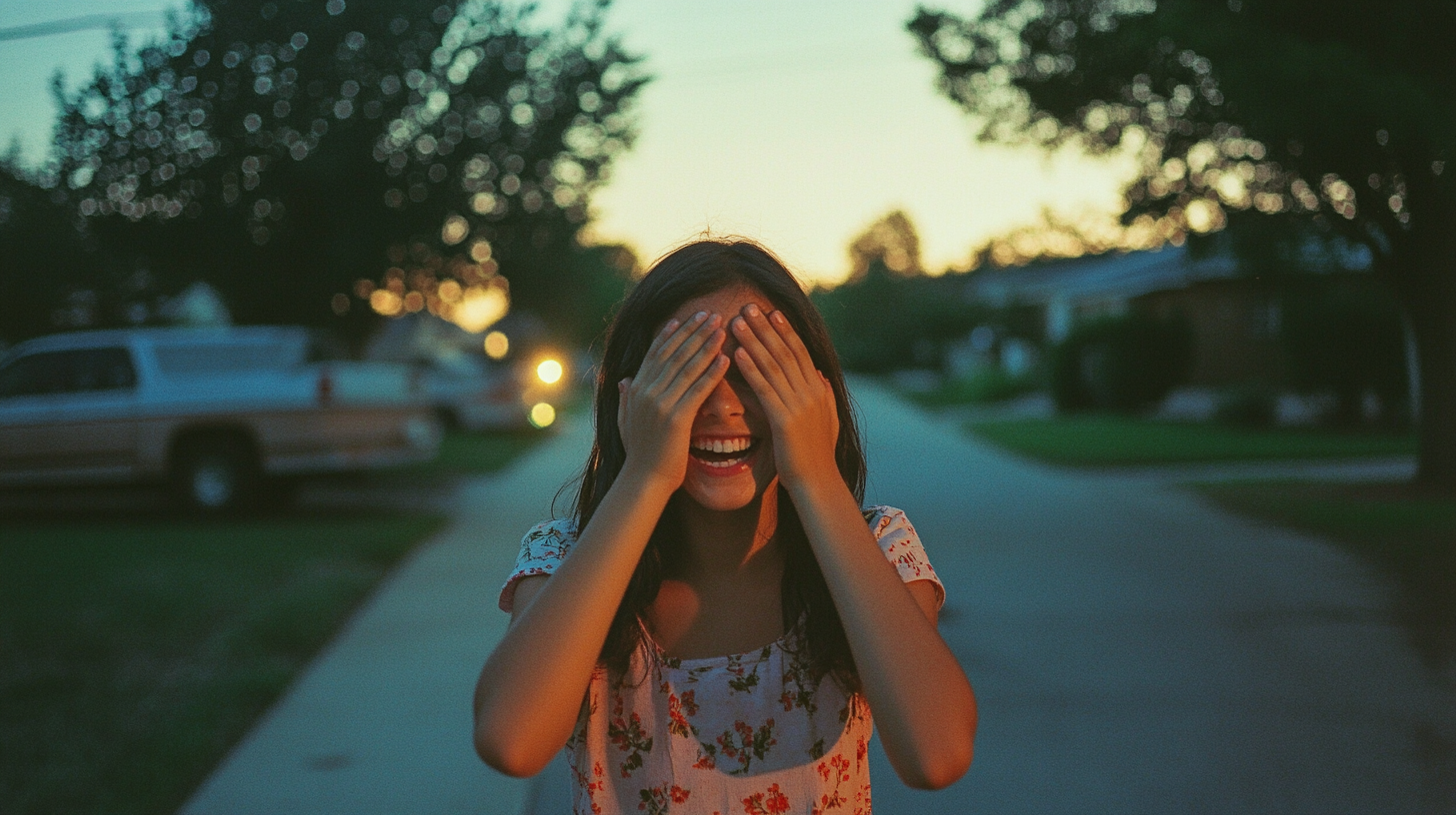 Excited Girl Awaiting Surprise Gift at Dusk