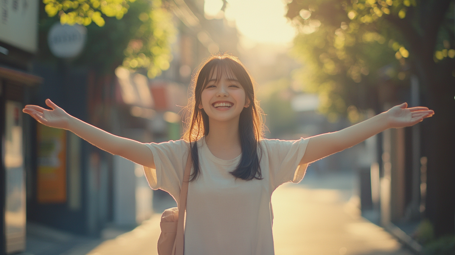 Excited Japanese student in Nagasaki, smiling on street.