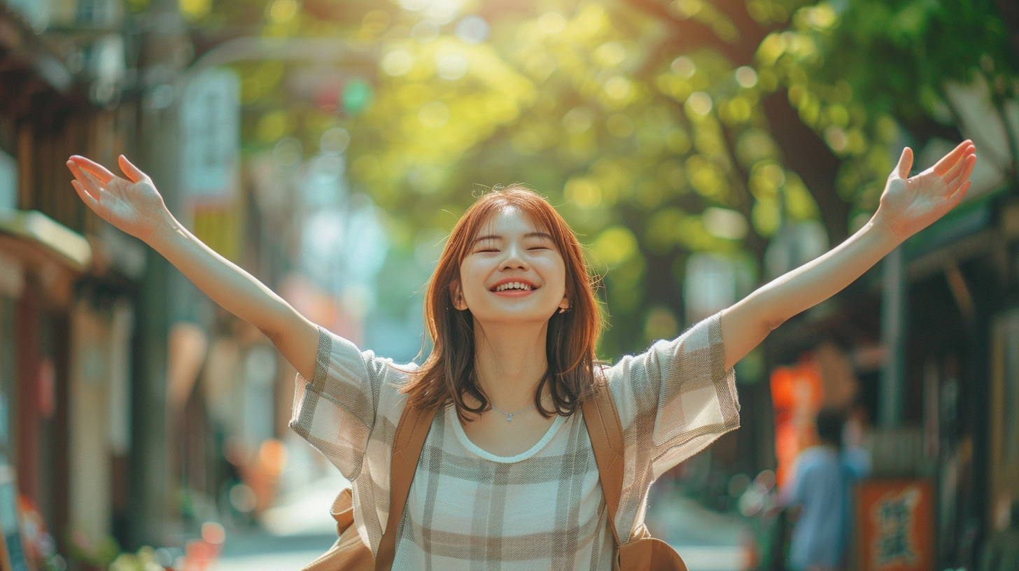 Excited Japanese student in Nagasaki city, smiling in sunlight.