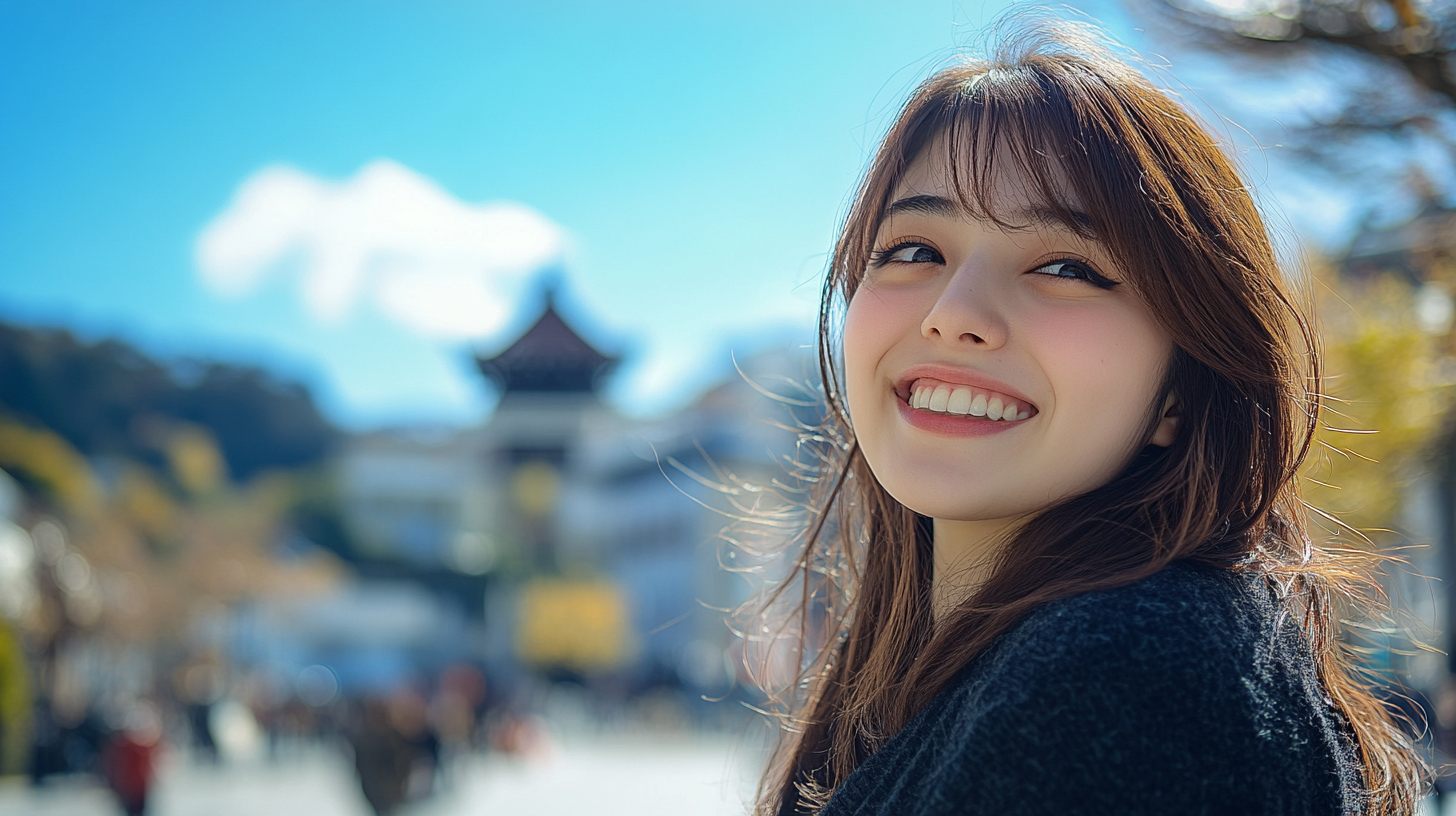 Excited Japanese student near Nagasaki landmark, smiling beautifully.