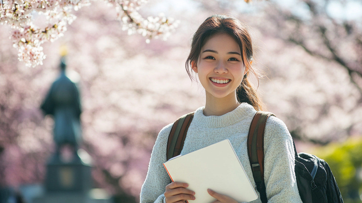 Excited Japanese student smiling near Nagasaki Peace Park.