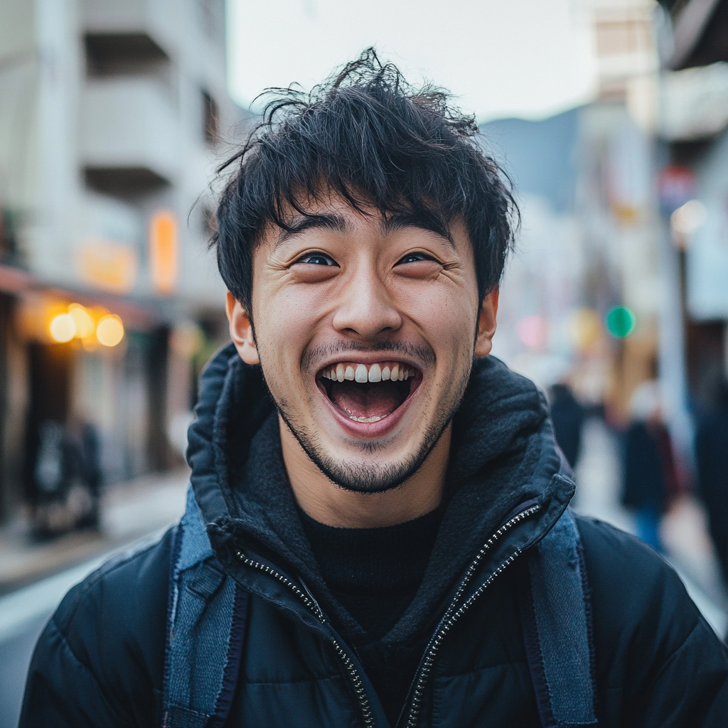 Excited Japanese university student in Nagasaki urban setting.