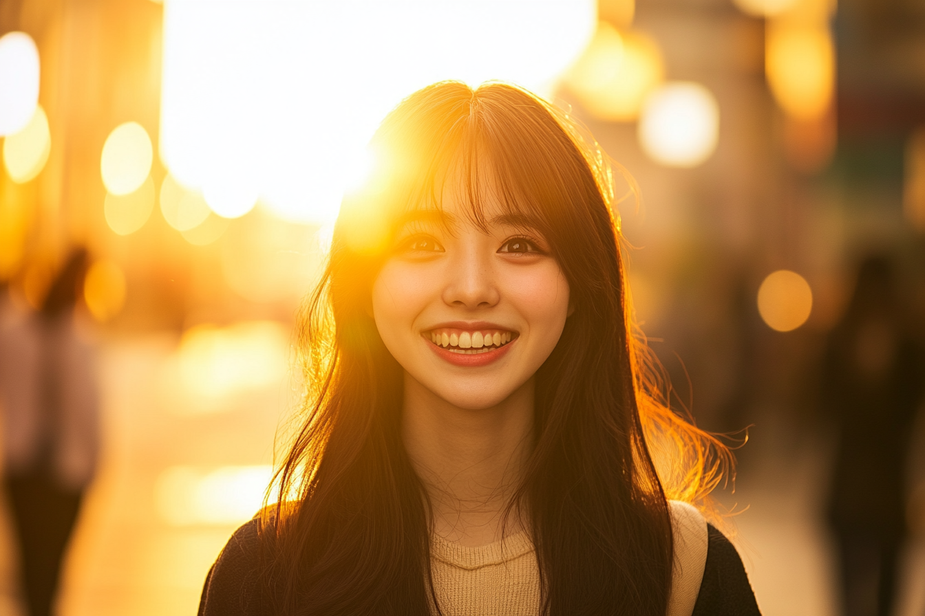 Excited Japanese university student in vintage street setting.