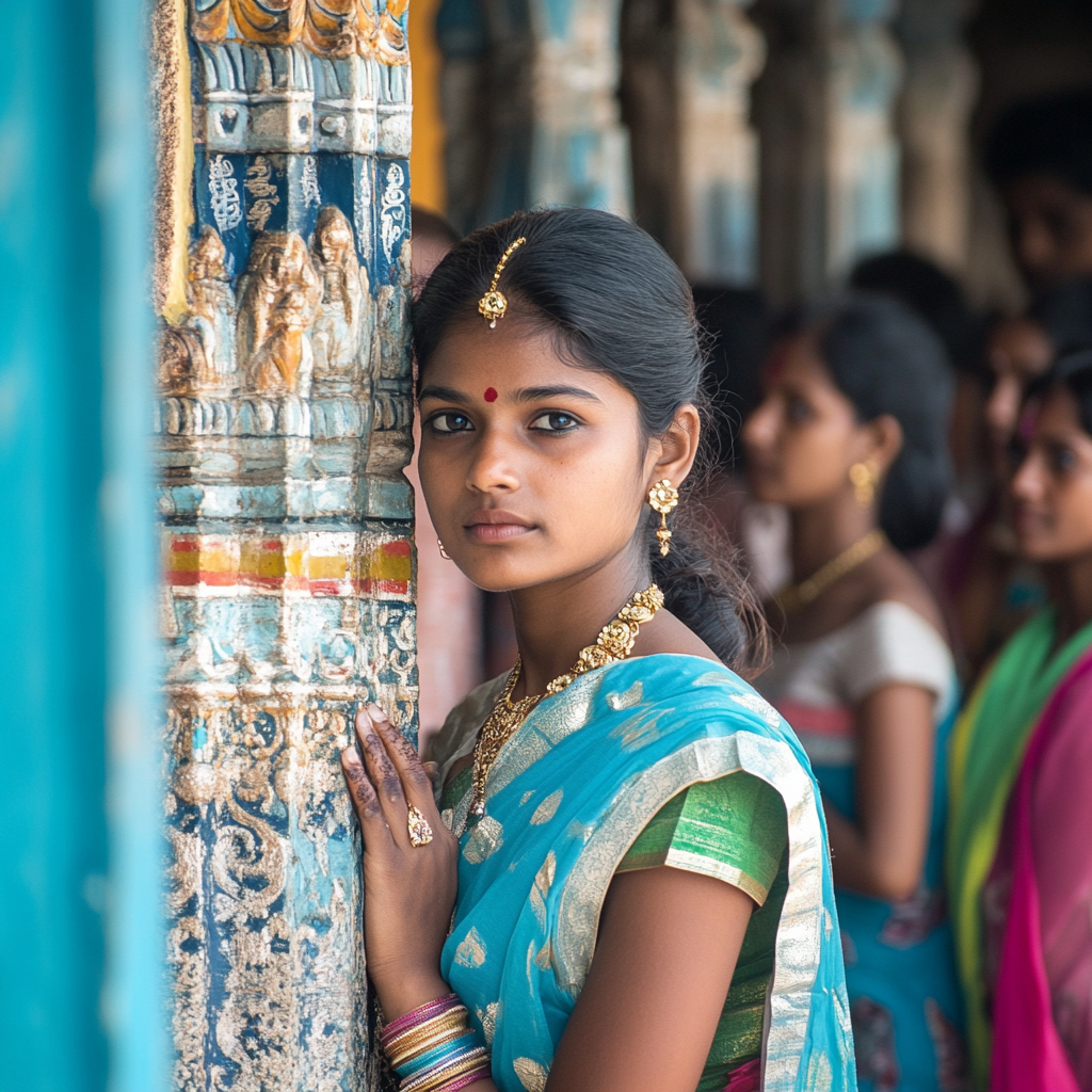 Excited South Indian woman in halfsaree at temple festival.