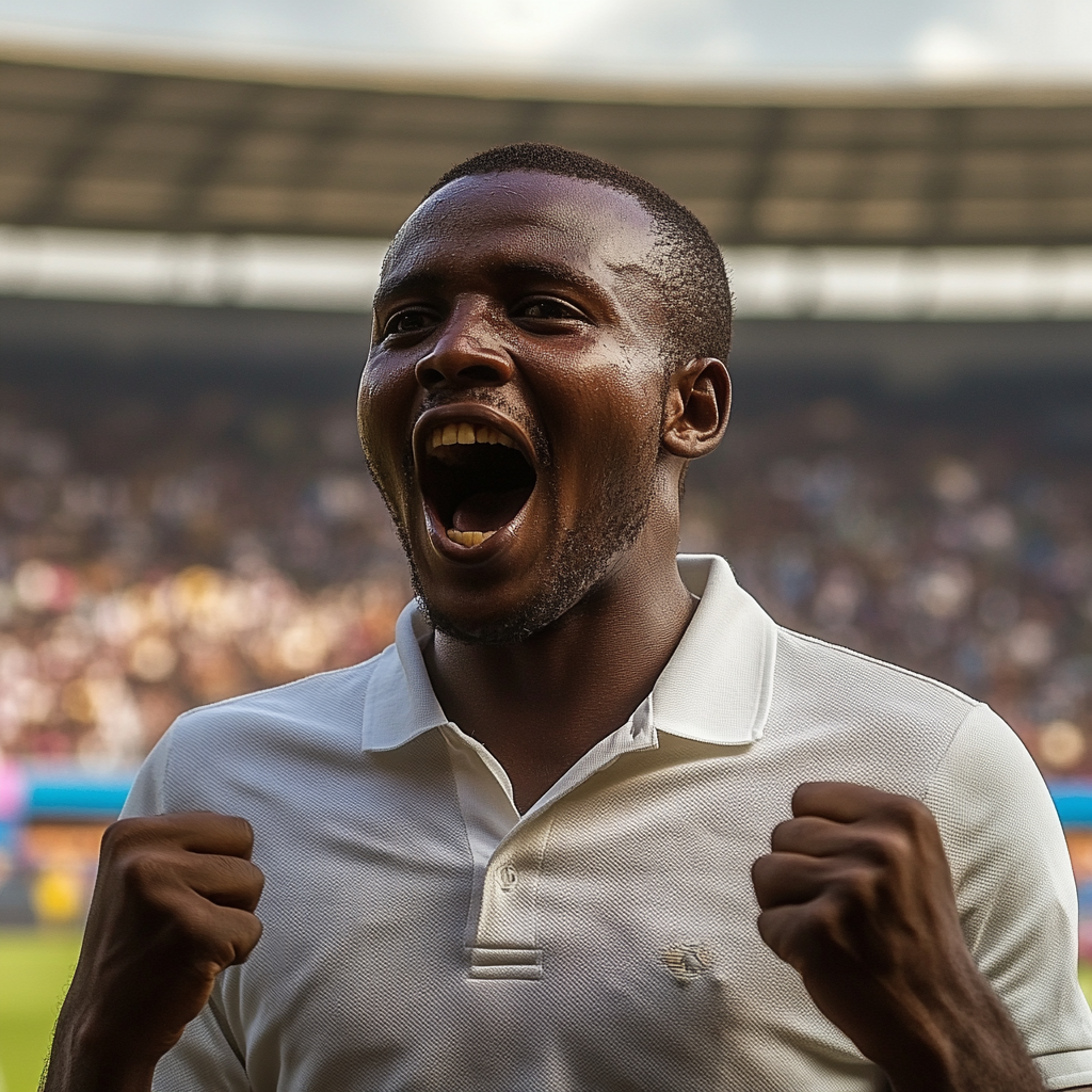 Excited Tanzanian Man celebrates victory in a stadium