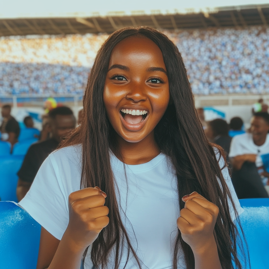 Excited Tanzanian girl celebrates in football stadium