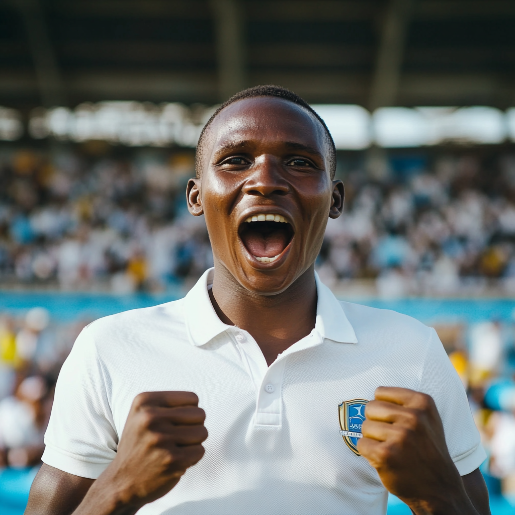 Excited Tanzanian man celebrates victory in packed stadium