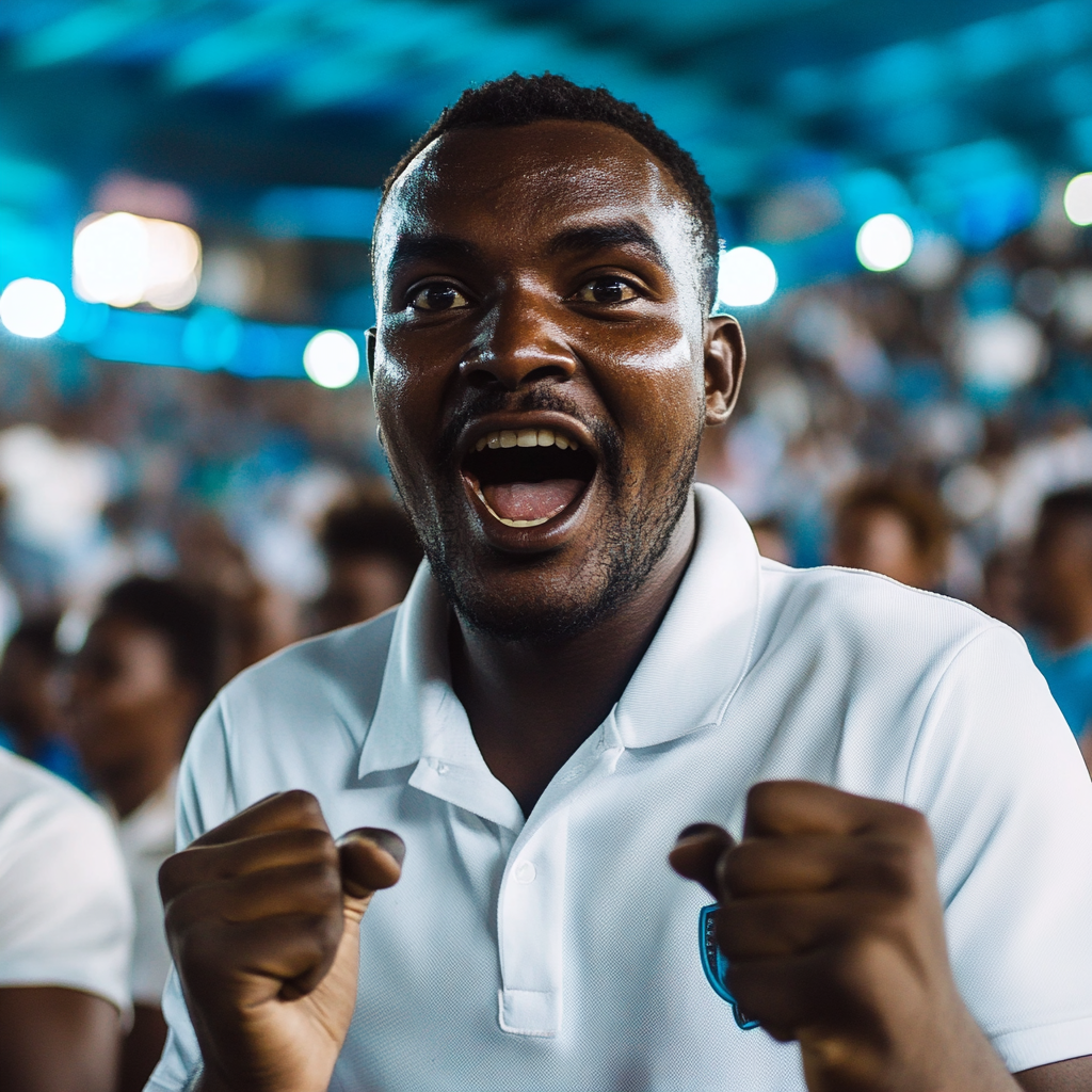 Excited Tanzanian man celebrates victory in stadium