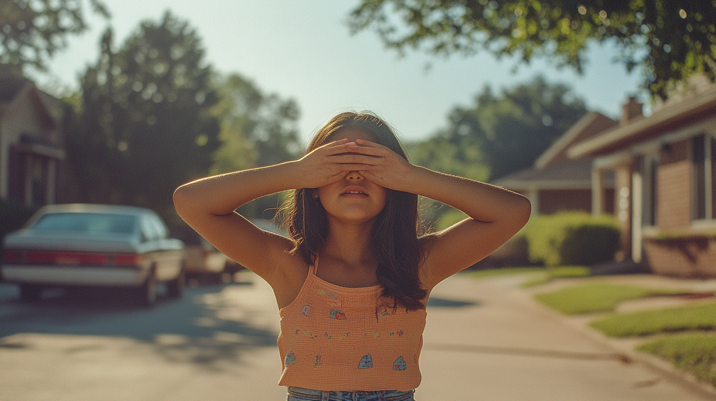 Excited Teenager awaiting Surprise in Suburban Driveway