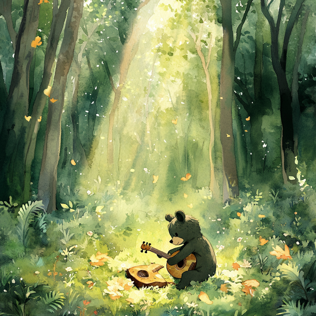 Excited bear finds a broken guitar in forest.