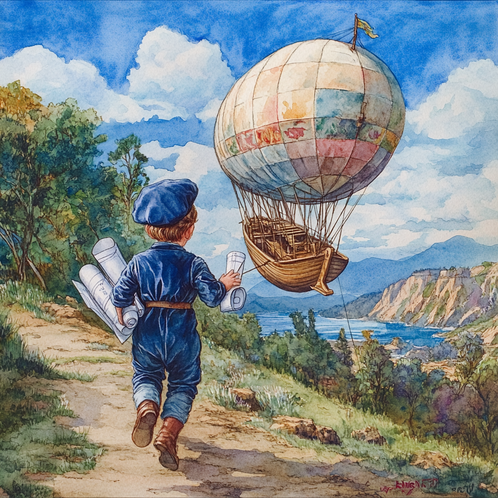 Excited boy in old-timey outfit rushing to airship.