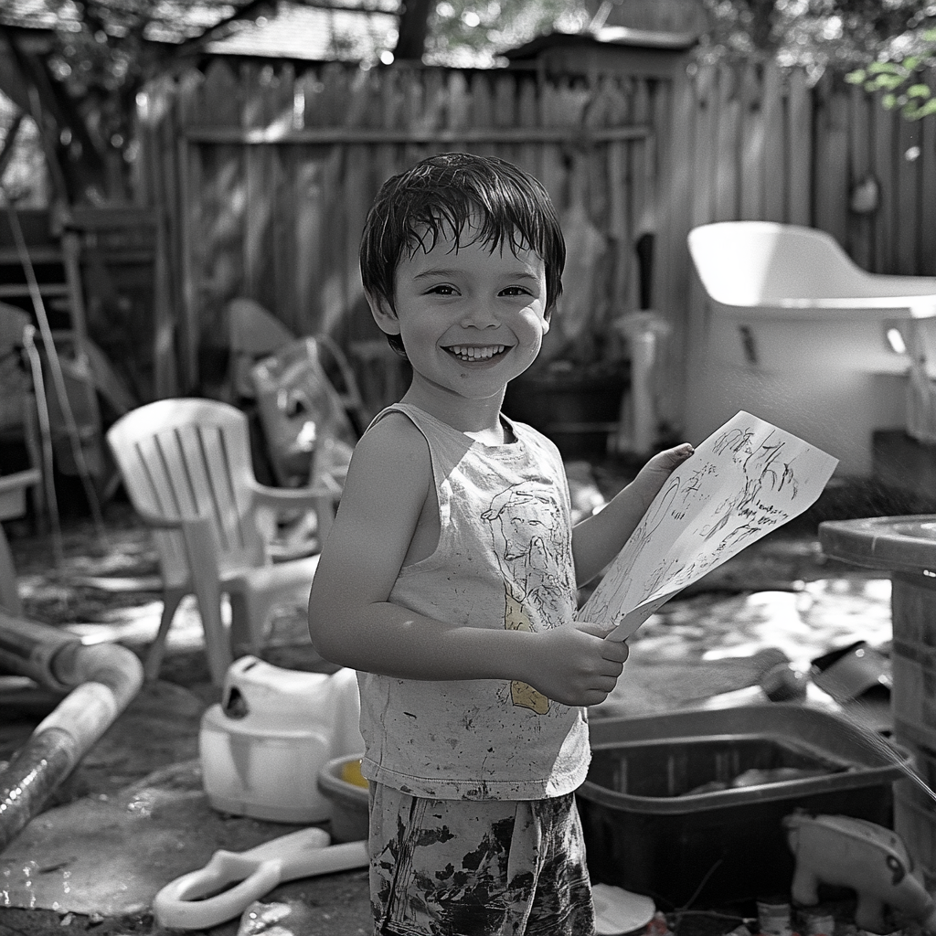 Excited boy seeking approval, clutching paper and pen.