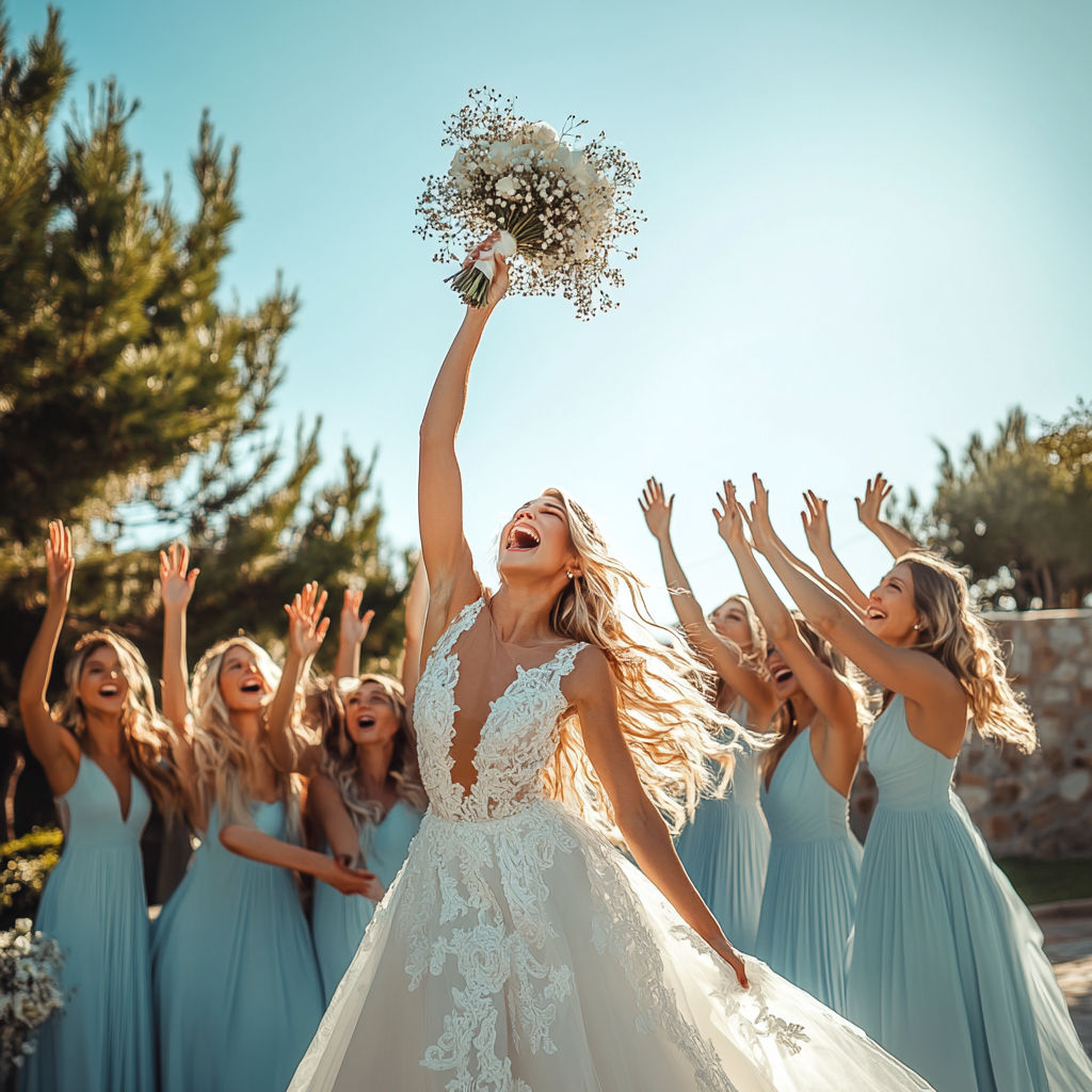 Excited bridesmaids catch bridal bouquet outdoors.