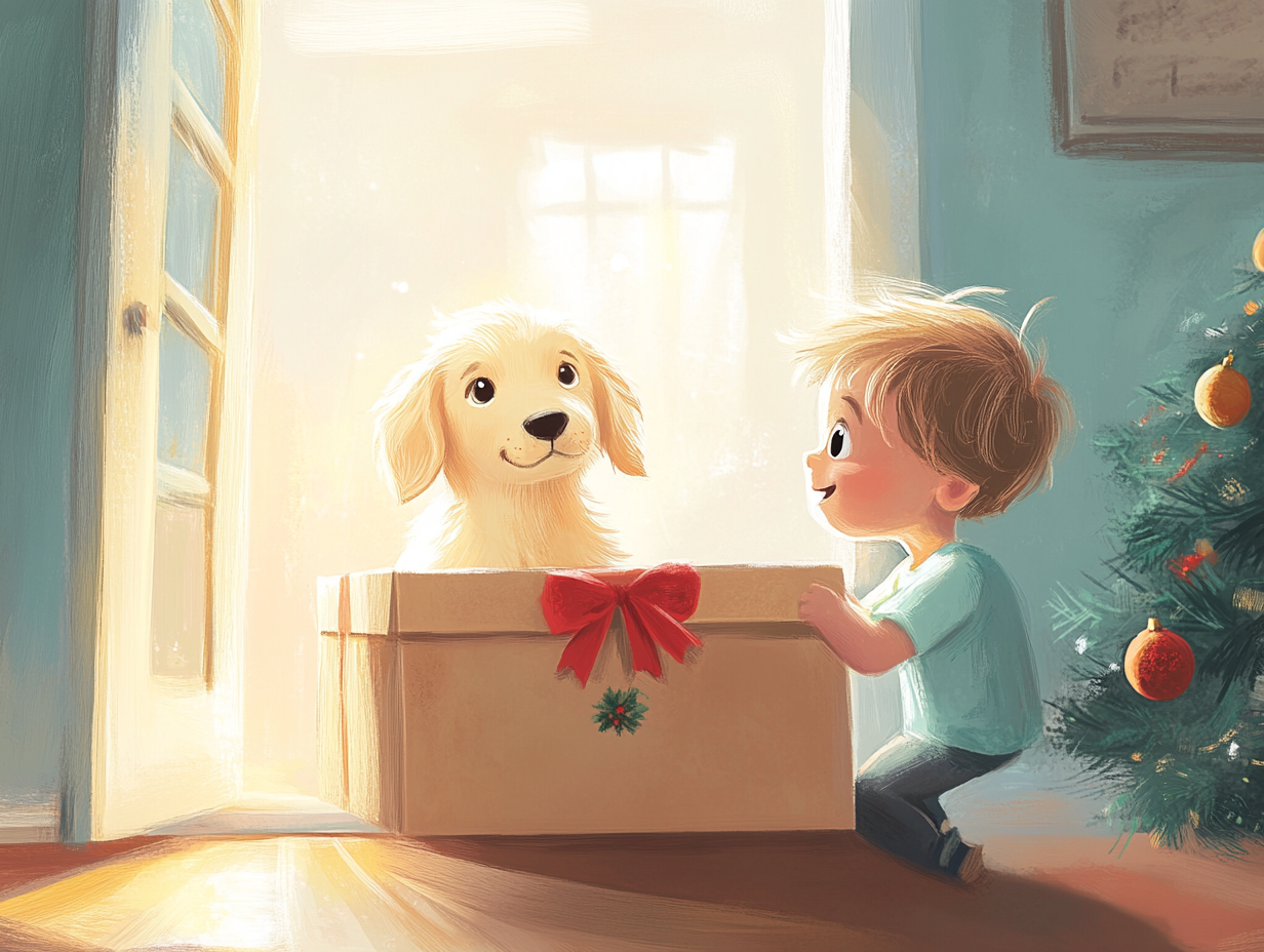 Excited child with Golden Retriever puppy in Christmas box.