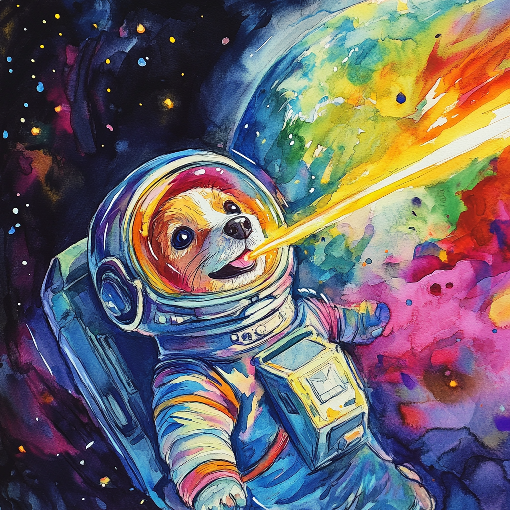 Excited dog astronaut with funny face, lasers, Earth view.