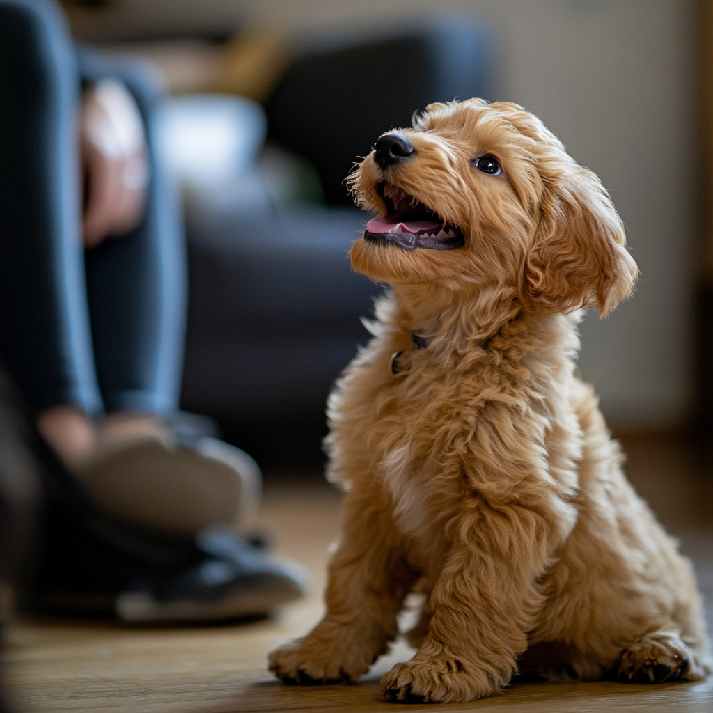 Excited golden doodle puppy about to bark indoors.